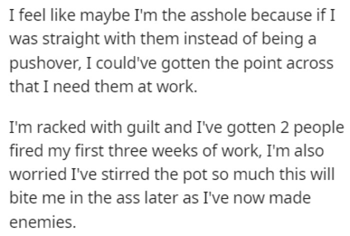 OP feels guilty because they believe it could have been solved if they had just talked to the monitors