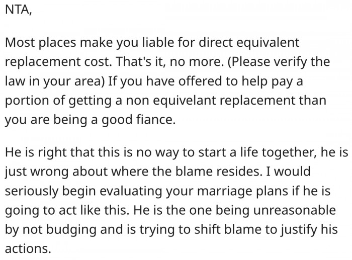 14. Her fiancé is unreasonable for expecting her to buy him a new car.