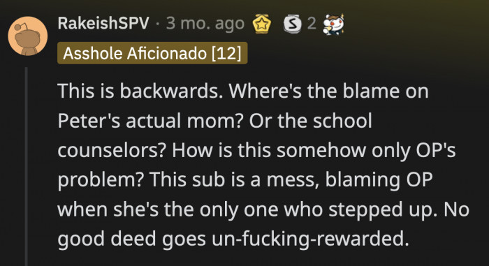 A commenter felt it was unfair that OP was getting most of the heat when she made sure Peter had something to eat for a year