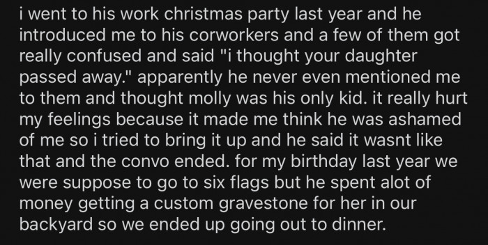 OP's feelings were really hurt after interacting with her dad's coworkers.