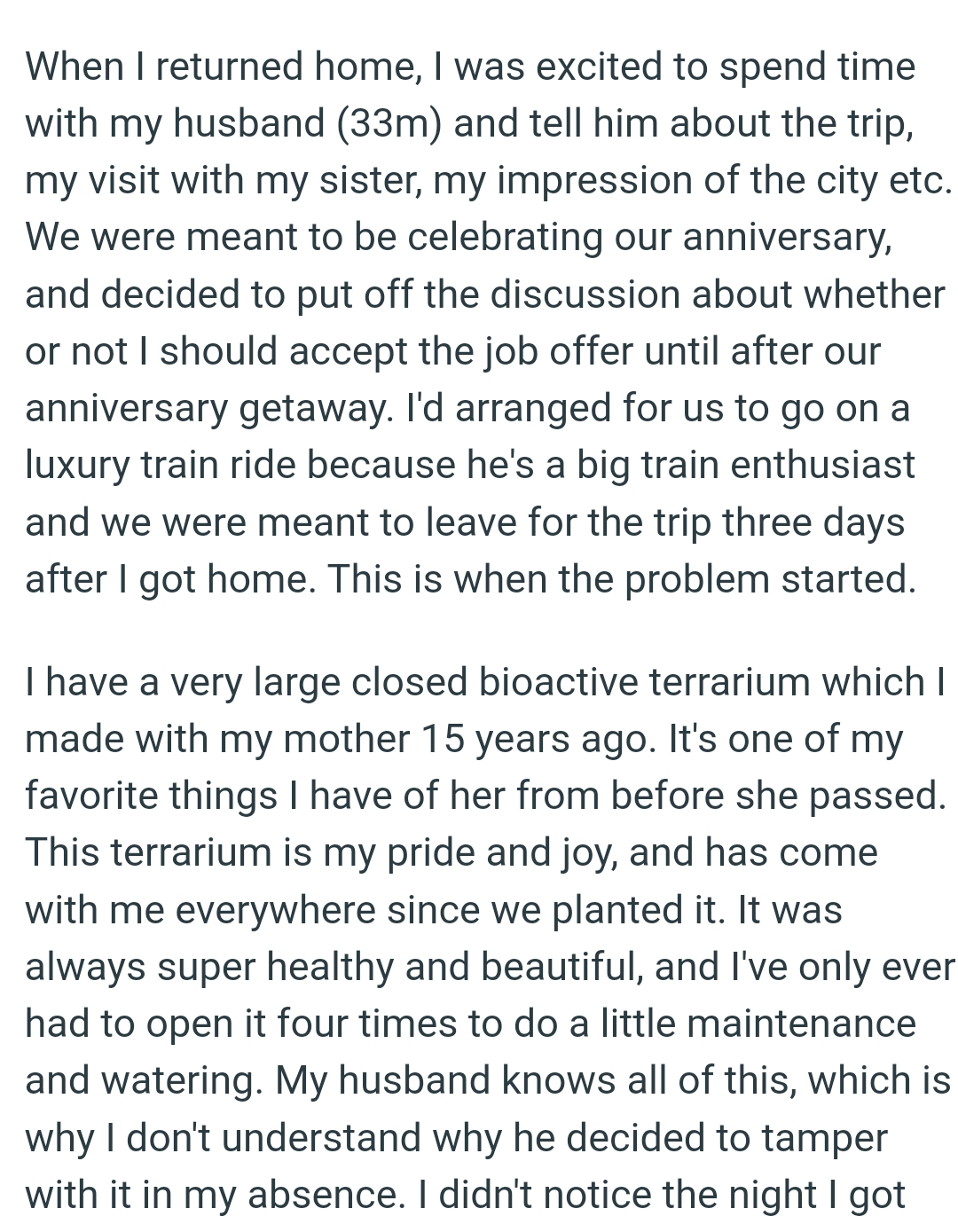 The OP and Her Husband Were Meant to Leave for the Trip Three Days After She Got Home