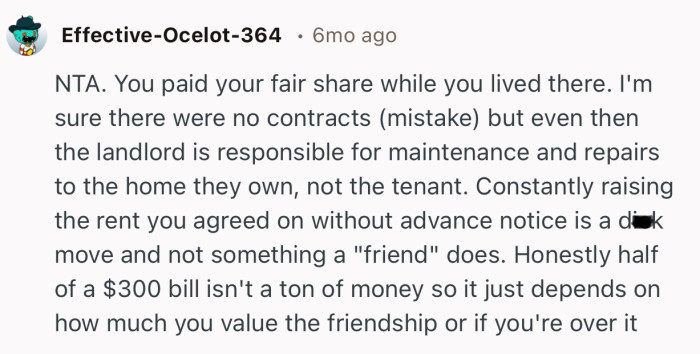 “NTA. You paid your fair share while you lived there.”