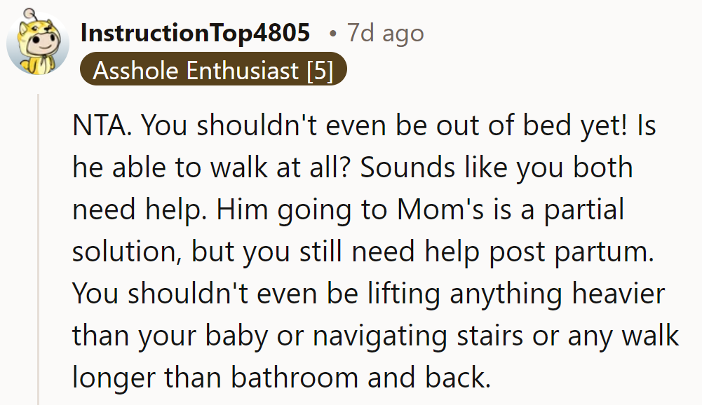 She should focus on her recovery; he needs caregiving, not complaints about sleep.
