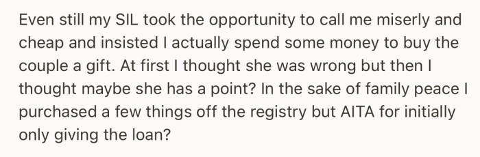 OP’s sister-in-law insisted that he give the couple a proper gift