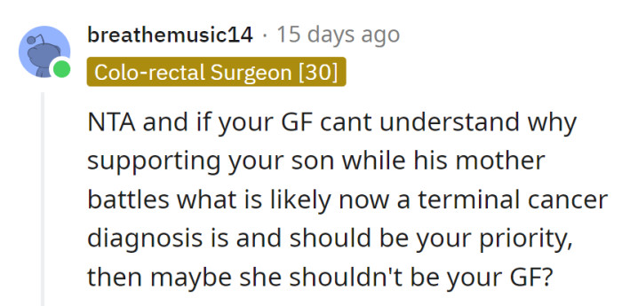 Priority list: Son, sanity, and maybe reconsider the girlfriend's role in the script.