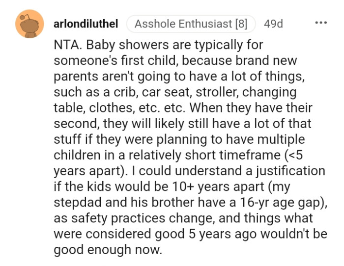 This redditor says baby showers are typically for someone's first child