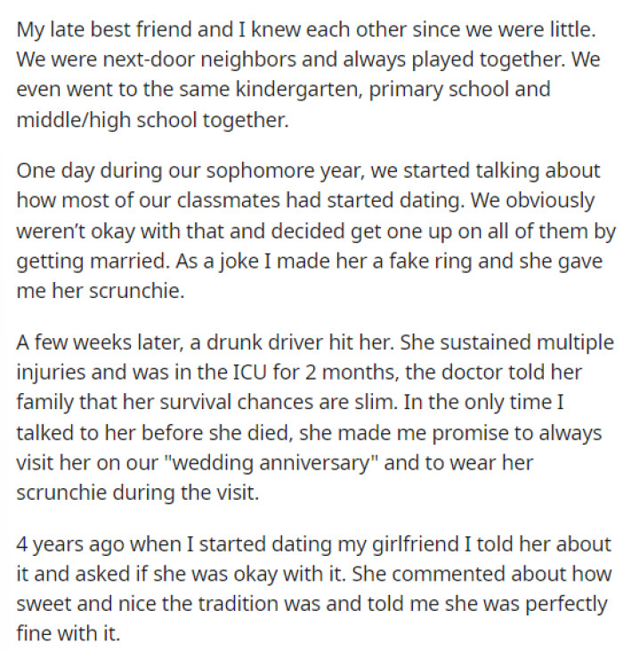 OP explains what happened with his childhood best friend and that he now has a tradition after her passing that he observes every year.