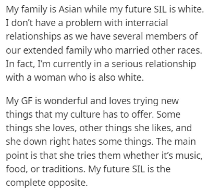 OP's Family is Asian and His Future Sister-in-Law is White, as is His Girlfriend