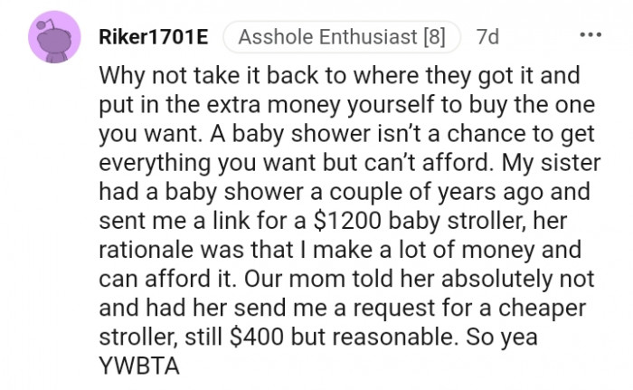 A baby shower isn't a chance to get everything you want