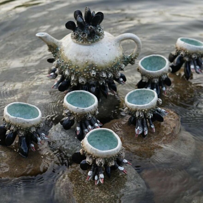 20. Tea set sculpted from mussel shells and two types of barnacles: acorn and gooseneck