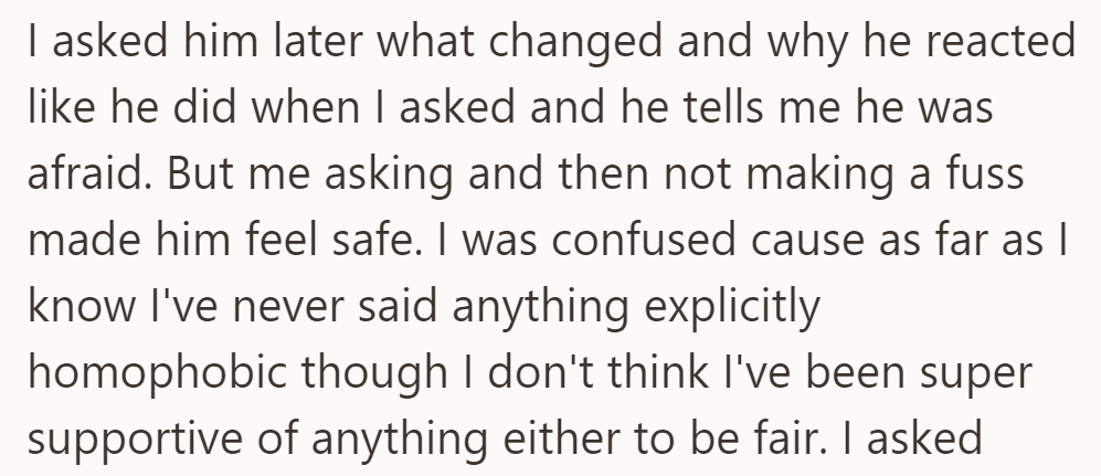 Son feared a reaction from OP but reportedly felt safe when OP didn't make a fuss.