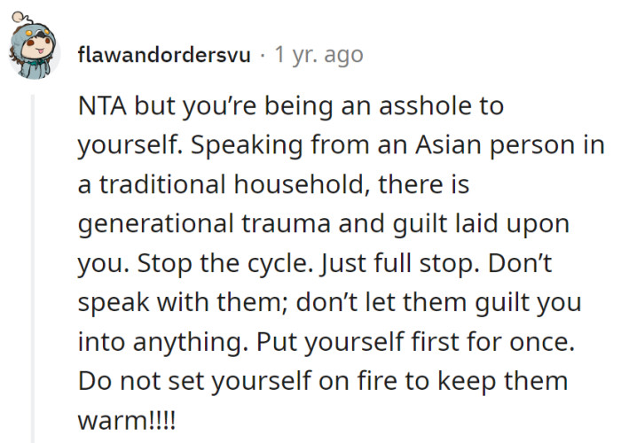 In the Asian circus, drop the guilt juggling. Break the cycle—no fire tricks.