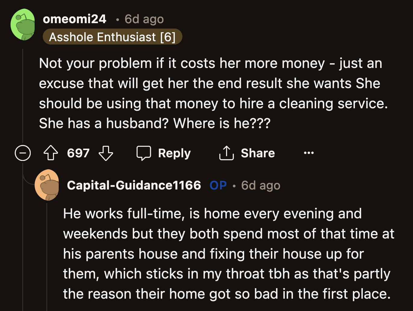 The annoying thing is OP's daughter and her husband volunteer to help his parents get their house in shape while they live in squalor.
