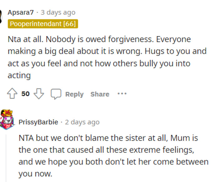 Nobody is owed forgiveness really puts things into perspective because she's absolutely not owed that.
