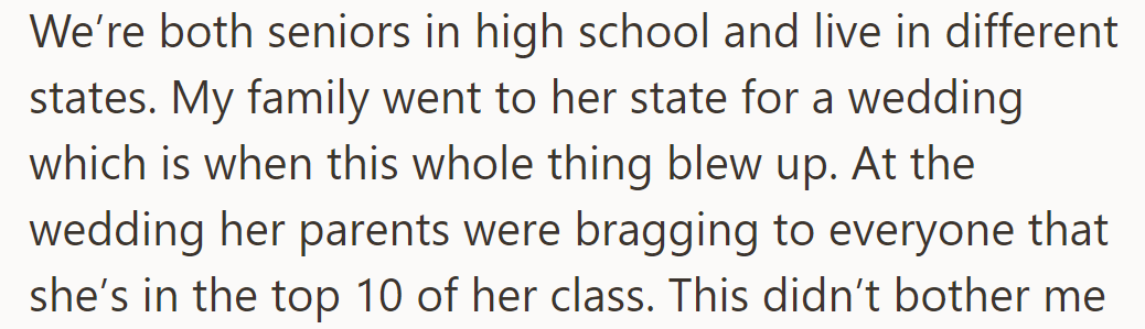 OP and their cousin attended a wedding where her parents announced she (the cousin) was in the top 10 in her class.