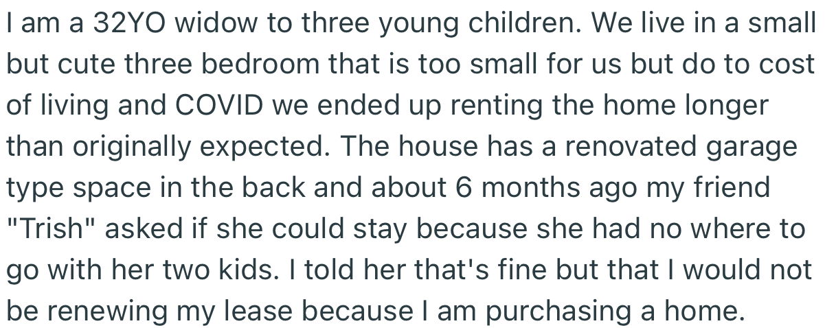 OP has been housing her friend, Trish, and the woman’s two kids for about six months now
