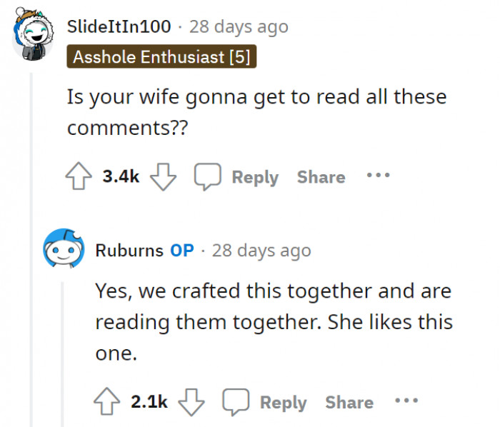 OP clarified that both he and his wife are reading the comments together, so everything's good.
