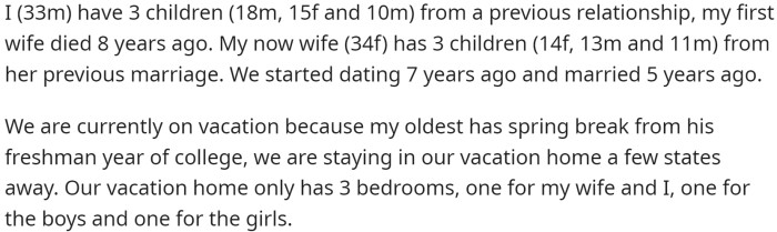 OP, a 33-year-old man with three children, is on vacation with his wife and her three children.