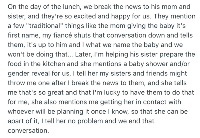While at her mother-in-law's (MIL) house, they break the news of the pregnancy. In that moment, MIL talked about the tradition of the grandmother giving the child its first name. But the couple makes it clear that they alone will name their child