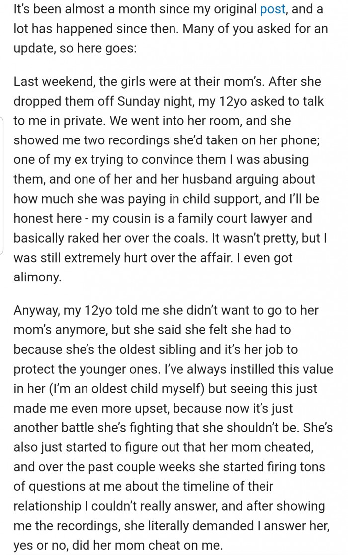 In an update shared a month later, OP discovered that his ex-wife was trying to alienate his daughters from him with some damning allegations