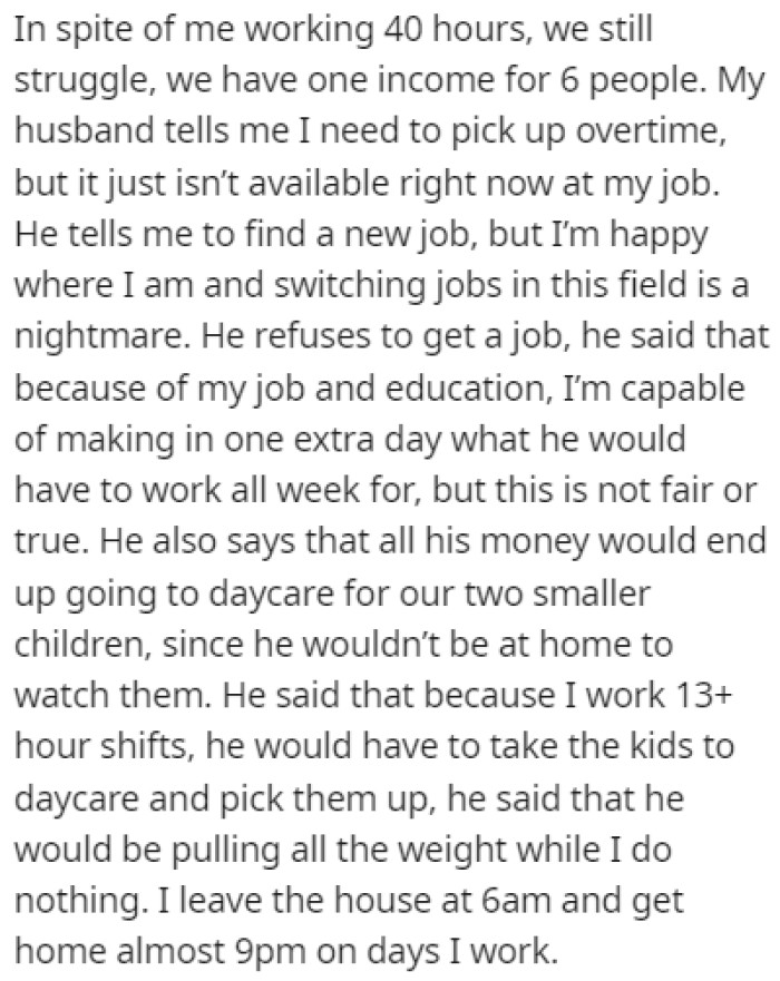 OP is working full-time, but it's not enough for a family of six
