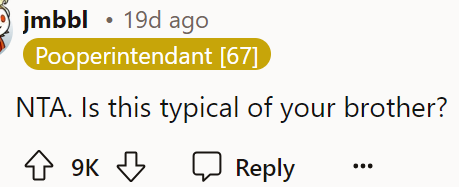 A Redditor sided with the OP and asked if this was her brother's regular behavior