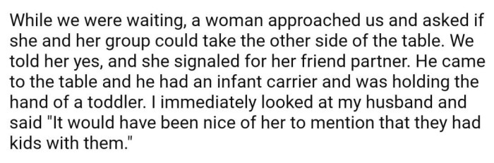 While waiting for their friends, they were approached by another woman who asked if their group could use the adjacent table