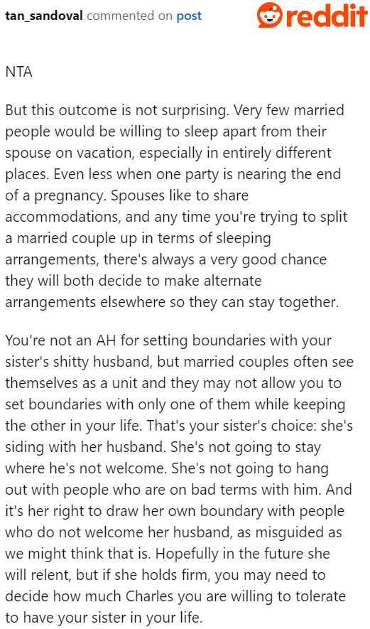 It would generally be impractical for a married couple to sleep separately, which explains why her sister is upset.