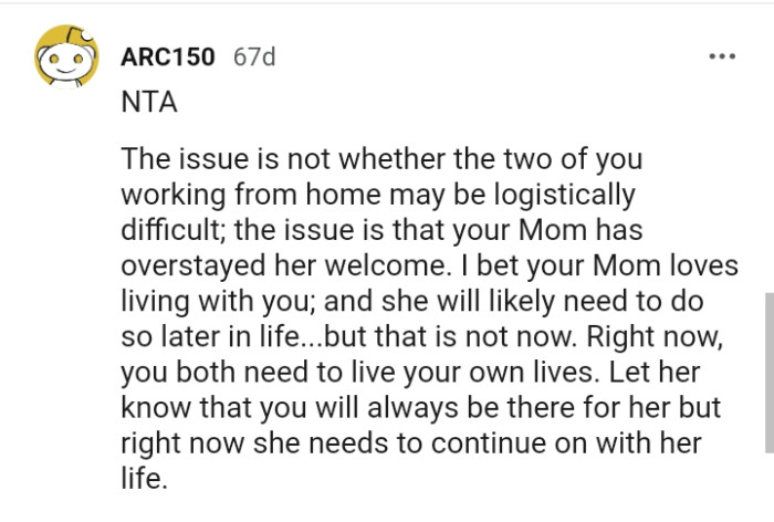 This Redditor bets OP's mom loves living with her