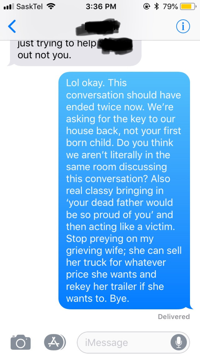 OP ended the conversation by making it clear to the neighbor that his wife could do whatever she wanted with the truck that was now hers. He also shamed her for bringing his wife's deceased parents into the conversation.