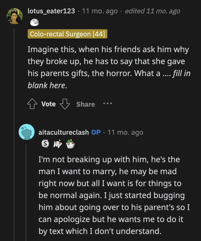 OP said she won't break up with her boyfriend over this because he is the man she wants to marry someday.