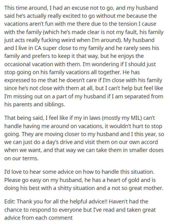She shared a lot about the situation and is looking for advice on how to handle it and what plans to make with the in-laws.