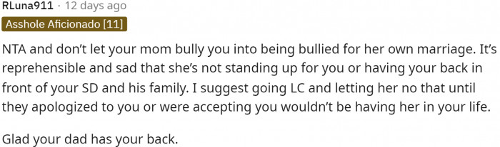 His mom most definitely should be the one standing up for him, at the very least.