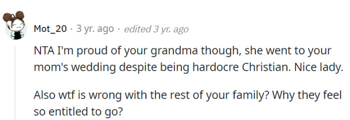 Kudos to the open-minded grandma who showed up at the wedding, though!