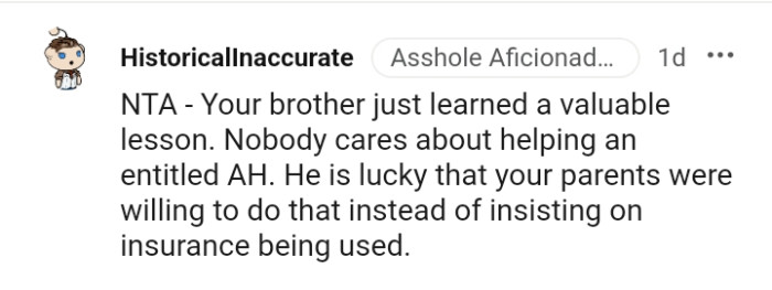 He's Lucky the OP's Parents Were Willing to Pay for It