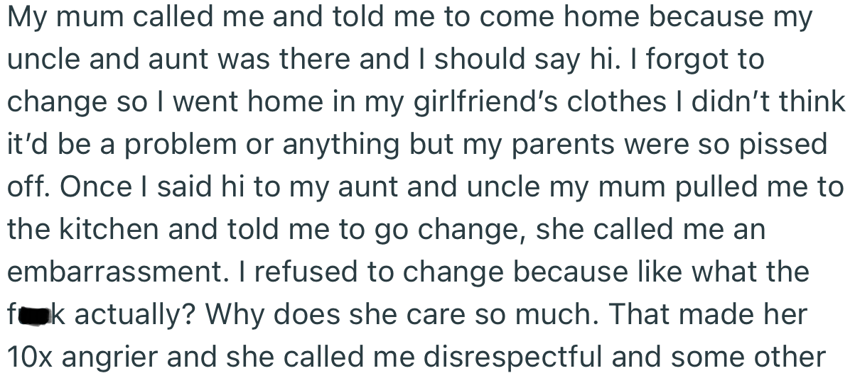 OP Came Home Wearing His Girlfriend’s Clothes. This Wasn’t Well Received by His Parents