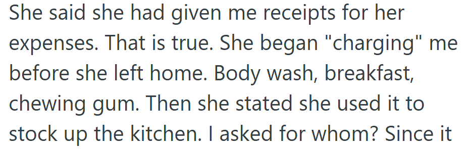 She justified it with receipts for gum and body wash, claiming the rest was for “stocking the kitchen.”