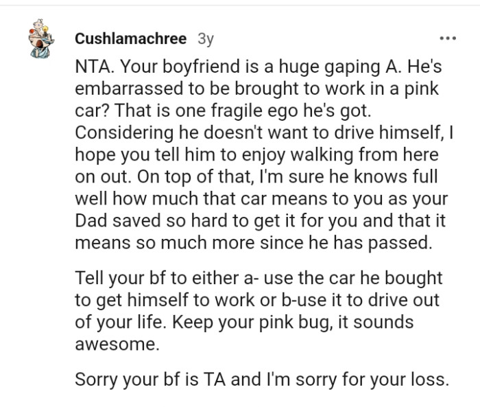 This Redditor says the BF is embarrassed to be brought to work in a pink car