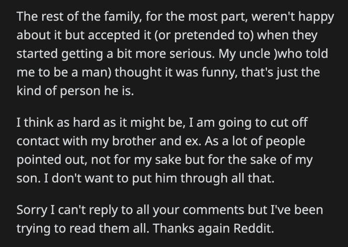 OP decided that he will go no contact with his brother for the sake of his son