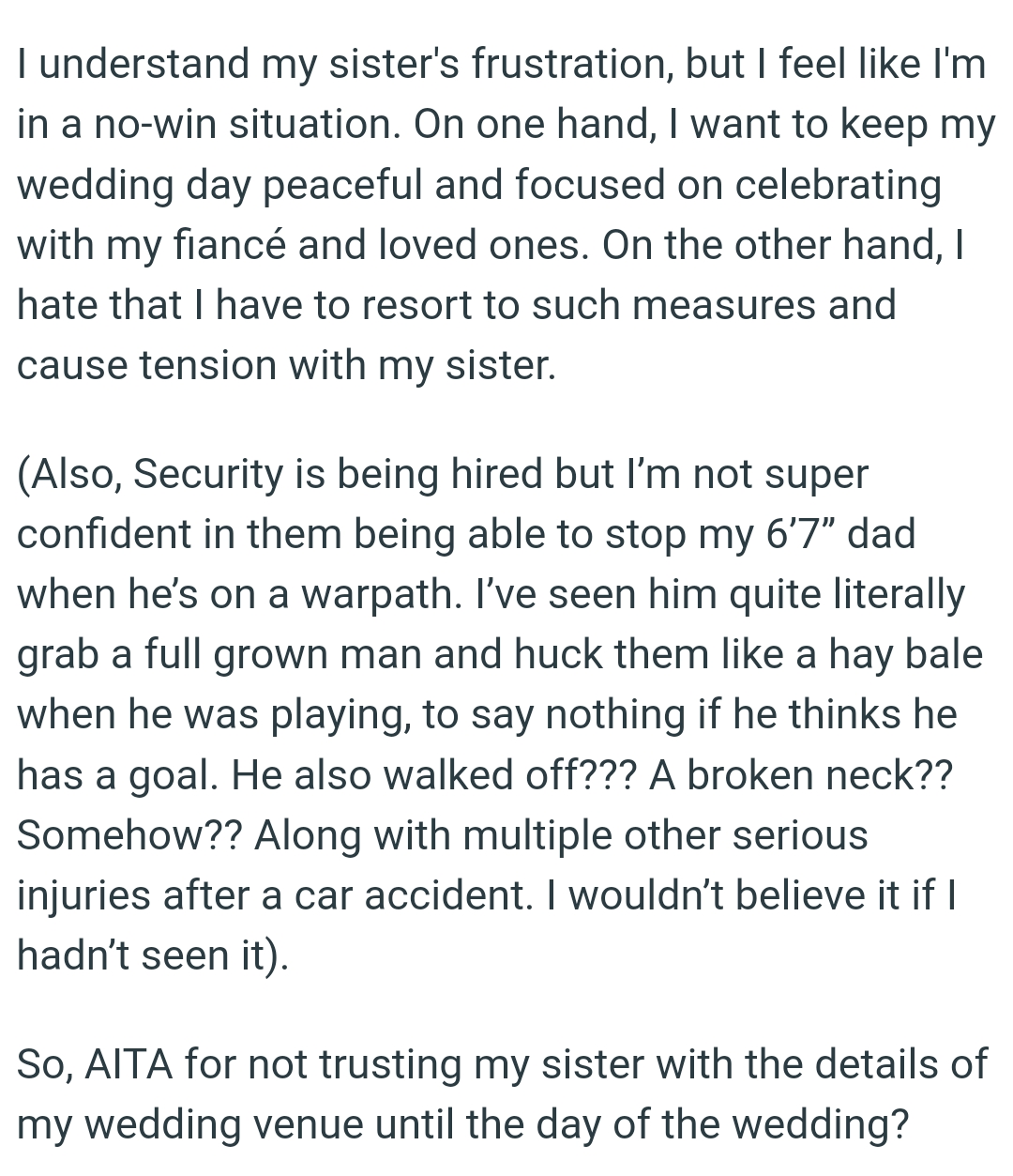 OP wants to keep her wedding day peaceful and focused on celebrating