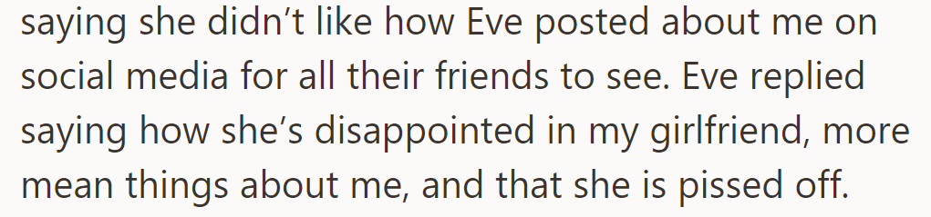His girlfriend objected to Eve's posts about him. Eve responded angrily, criticizing them both further.