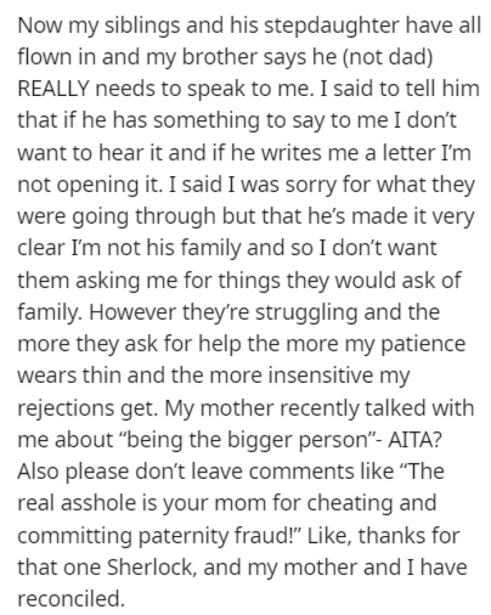 OP doesn't want to speak to him despite all the people convincing her