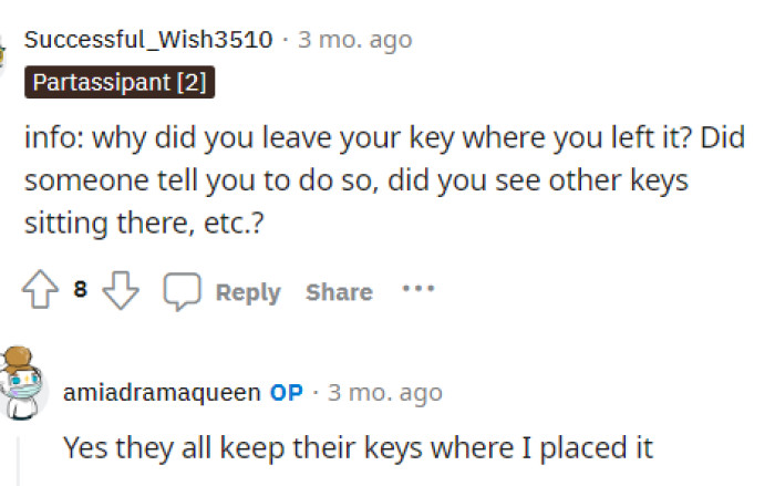 OP even clarifies here that everyone places their keys where she placed them. People were asking her many questions about why she had them there.