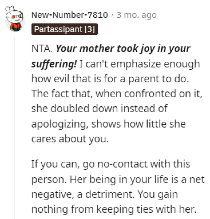 Taking joy in OP's suffering