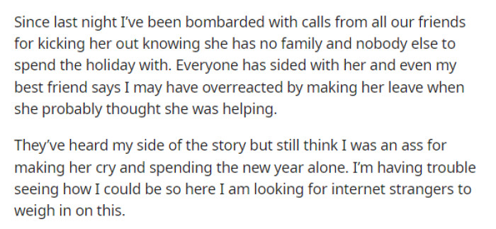 He Mentioned That His Family Said He Was Wrong for Kicking Her Out, and He Wants to See What People on the Outskirts Think.