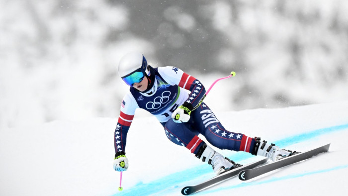 Lindsey Vonn during winter skiing, with broadcast controversy over painful audio