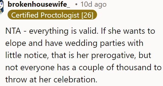 A Redditor said the OP's reasons are valid