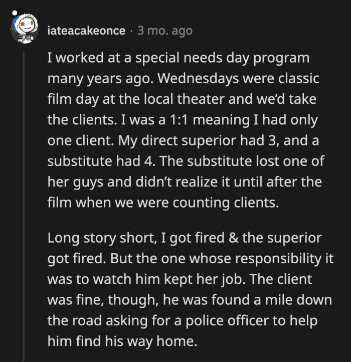 16. Why wasn't she fired if she was responsible for losing the client?