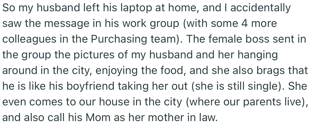 Apparently, OP stumbled on pictures and chats in her husband’s work group