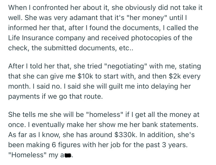 OP confronted her mom about the money, only for her mom to deny it and then try to negotiate a payment plan